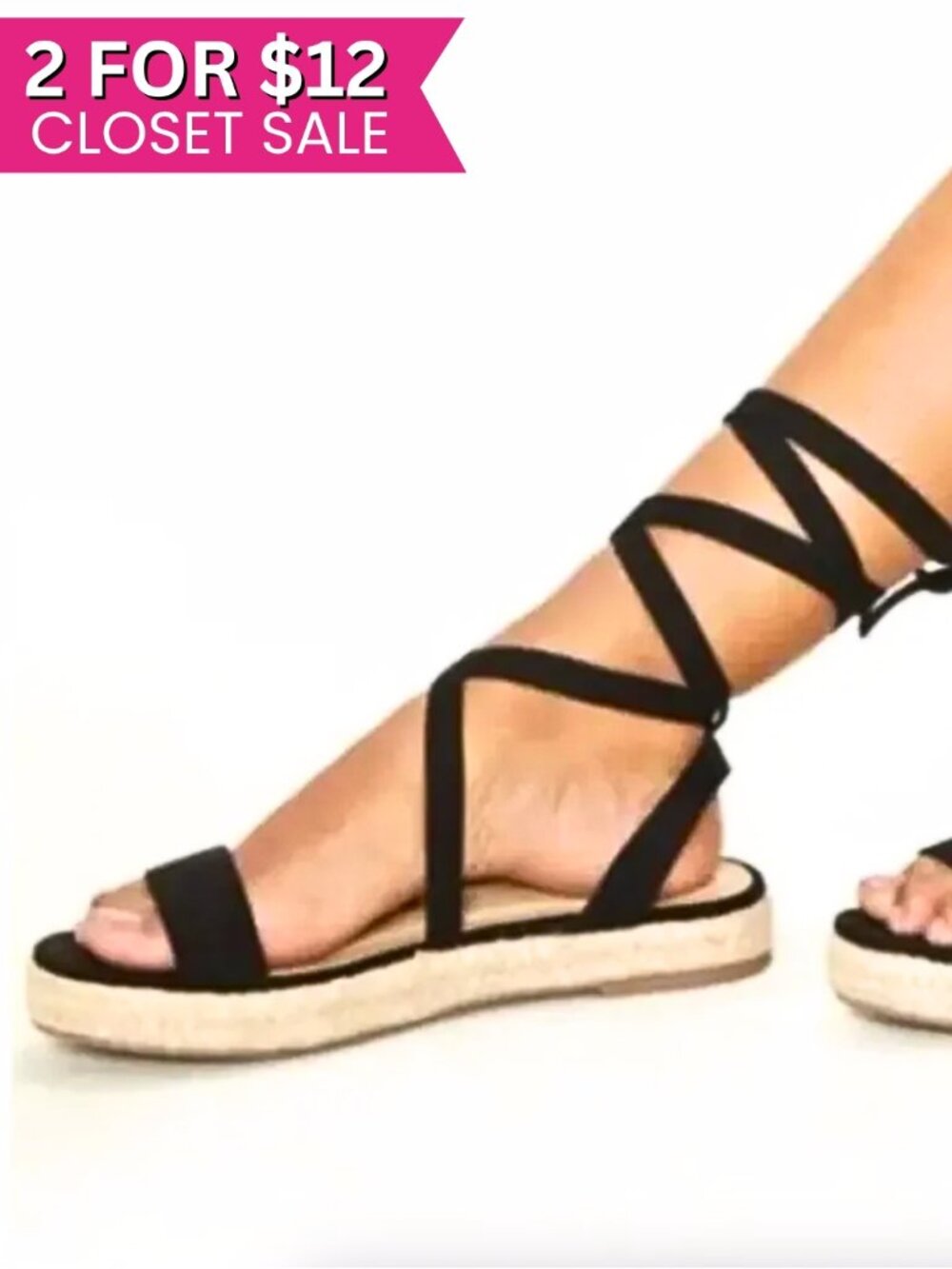 Pretty Little Thing Black Sandals Lace Up Espadrilles Size 7 Straw Faux Suede